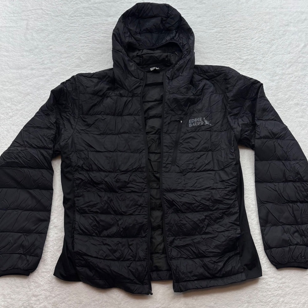 Eddie Bauer Mens Large Black 550 Down Puffer Jacket Hooded Stretch Side Panels*